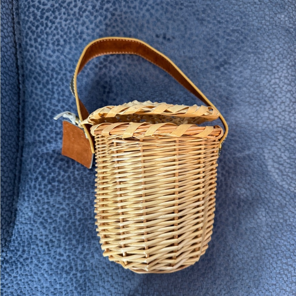 Woven Rattan Mini Bucket Bag with Leather Handle - Natural